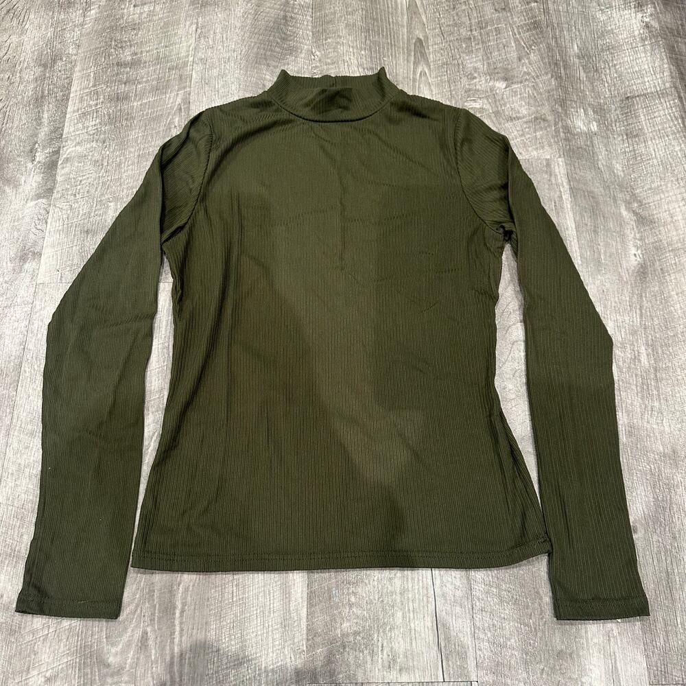 Brit & Bri Olive Green Ribbed Mock Neck‎ Long Sleeve Top Size M